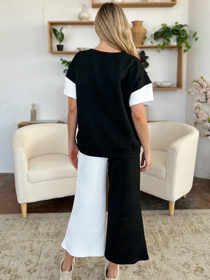 Double Take Full Size Texture Contrast T-Shirt and Wide Leg Pants Set – Uneeque Designzz