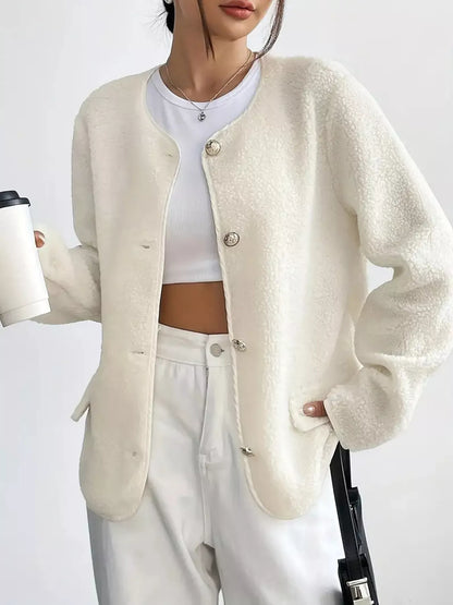 Textured Button Front Fleece Jacket Plus Size Casual Outerwear – Uneeque Designzz