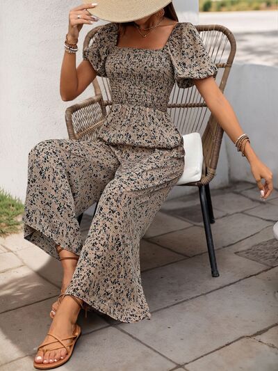 Perfee Smocked Printed Square Neck Puff Sleeve Jumpsuit – Uneeque Designzz