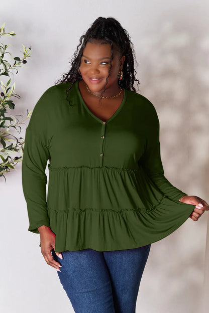 Double Take Half Button Long Sleeve Ruffle Hem Blouse – Uneeque Designzz