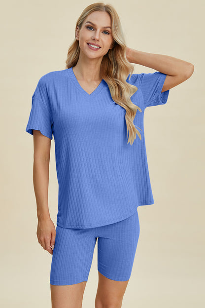 Basic Bae Full Size Ribbed V-Neck Short Sleeve Top and Shorts Set – Uneeque Designzz