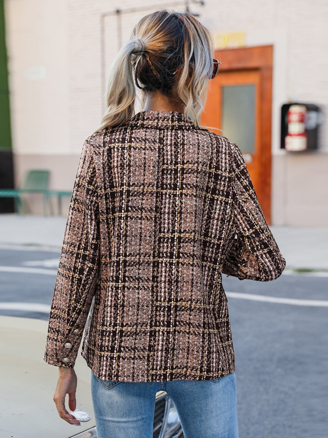 Full Size Plaid Lapel Collar Blazer