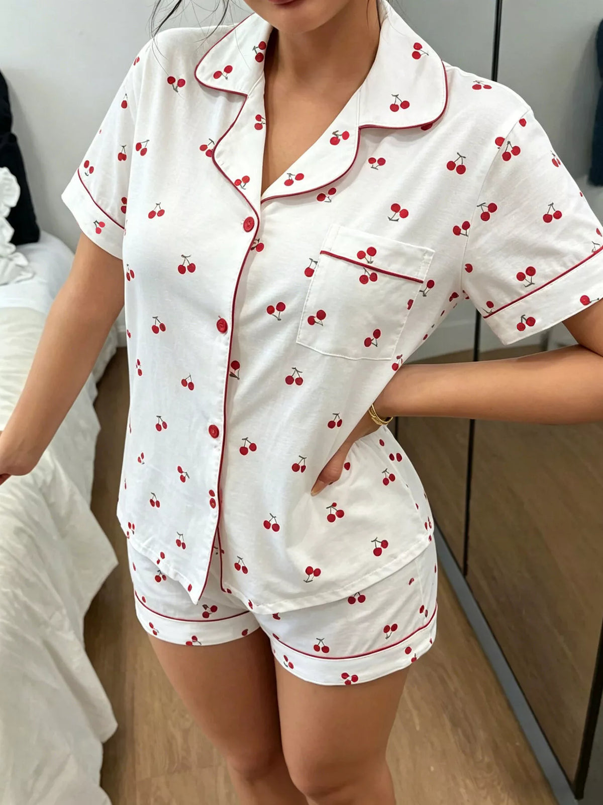 Heart Print Button-Down Short Sleeve Top and Shorts Lounge Set by Trendsi