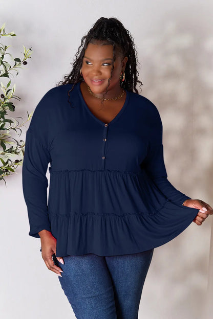 Double Take Half Button Long Sleeve Ruffle Hem Blouse – Uneeque Designzz