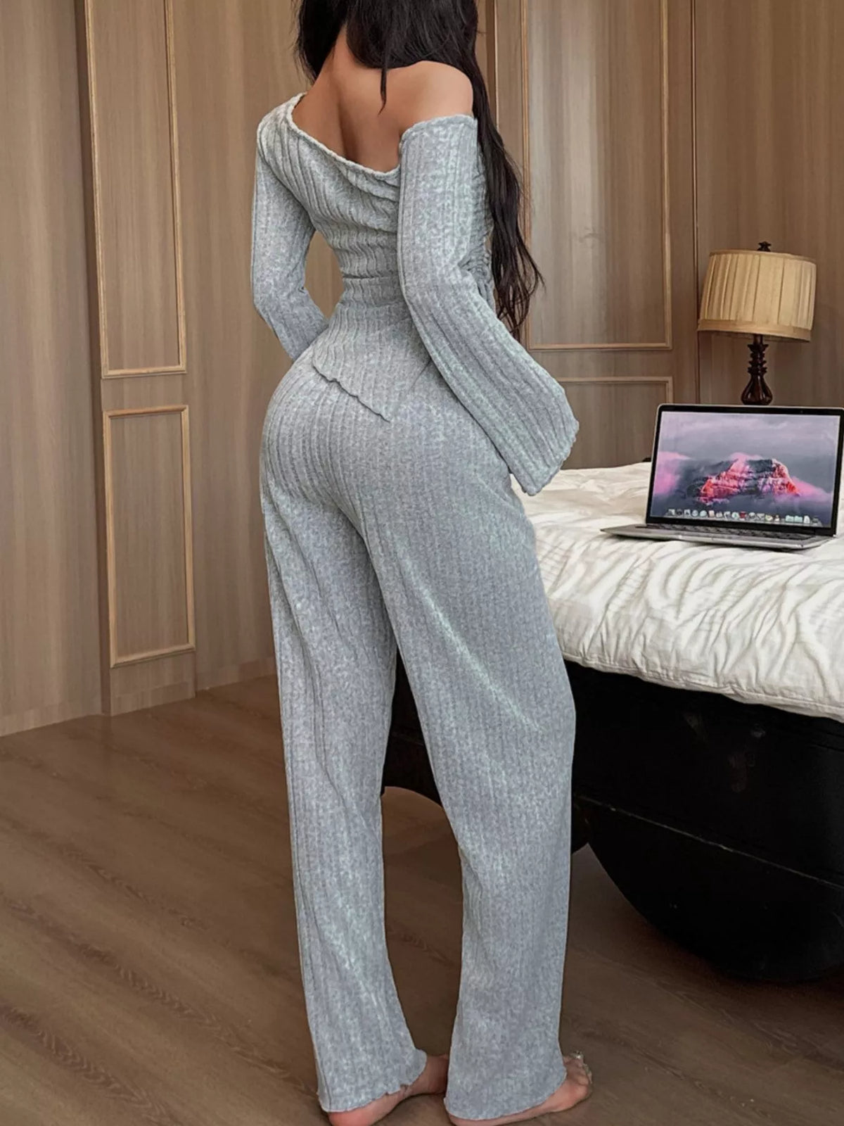 One-Shoulder Ribbed Knit Top and Pants Set by Trendsi