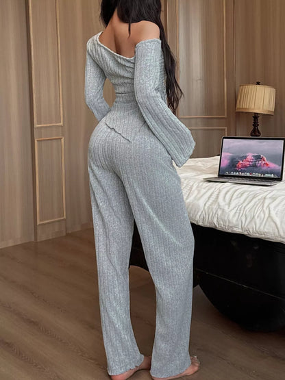 One-Shoulder Ribbed Knit Top and Pants Set by Trendsi
