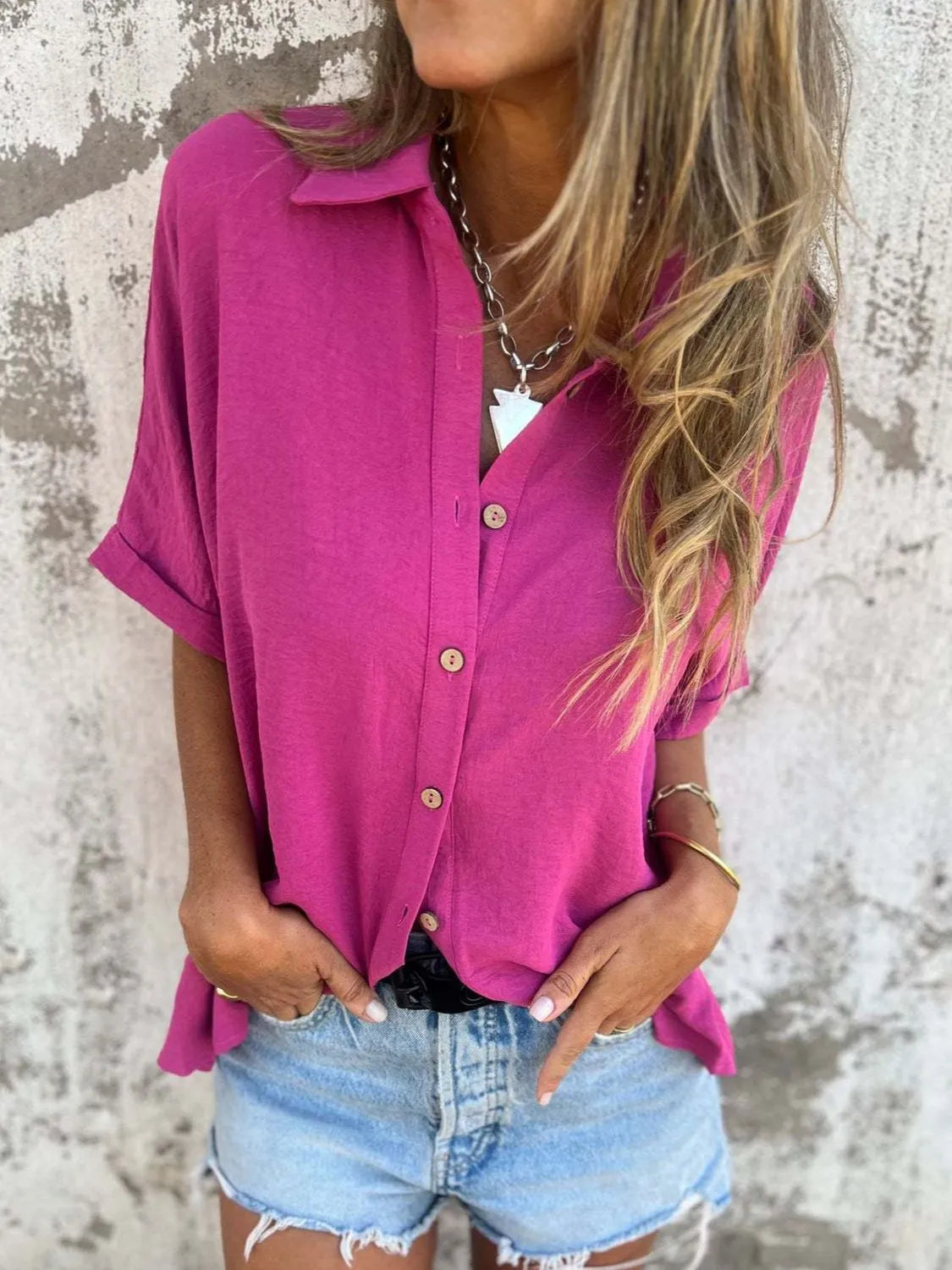 Full Size Collared Neck Half Sleeve Shirt Plus Size by Trendsi