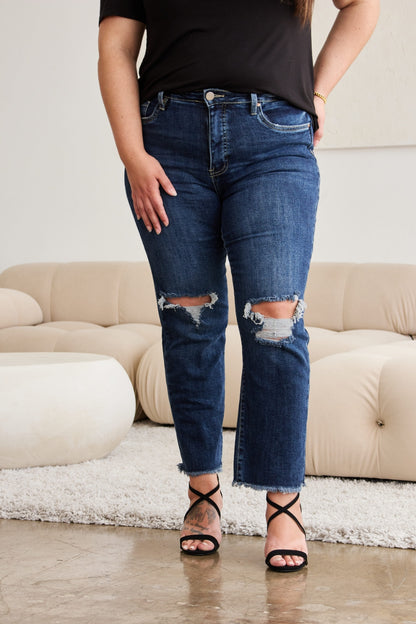 RFM Crop Dylan Full Size Tummy Control Distressed High Waist Raw Hem Jeans – Uneeque Designzz