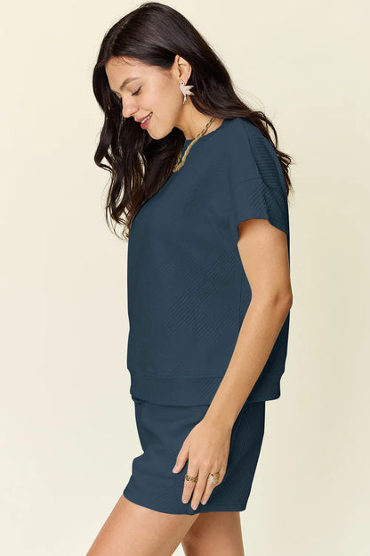 Double Take Full Size Texture Short Sleeve T-Shirt and Drawstring Shorts Set – Uneeque Designzz