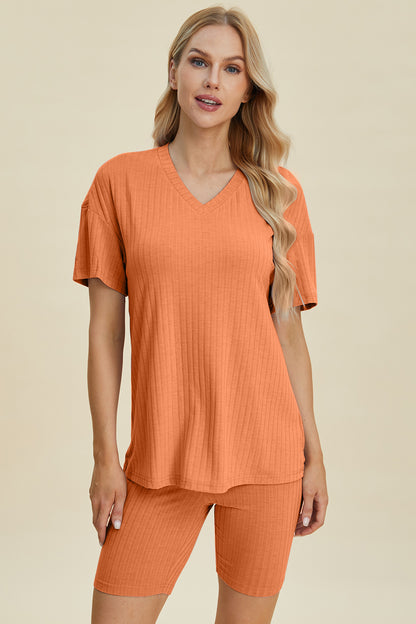 Basic Bae Full Size Ribbed V-Neck Short Sleeve Top and Shorts Set – Uneeque Designzz