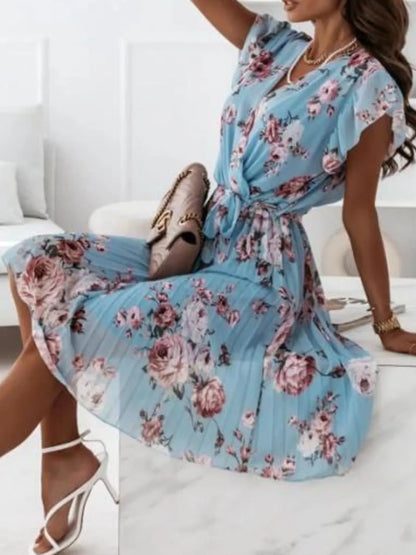 Floral Surplice Ruffled Cap Sleeve Dress – Uneeque Designzz