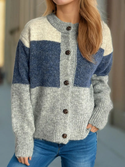 Women's Color Block Button-Up Round Neck Knit Cardigan – Uneeque Designzz