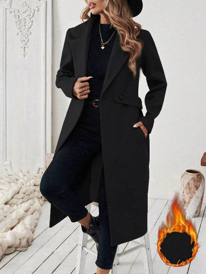 One Button Polyester Lapel Collar Belted Overcoat with Pockets – Uneeque Designzz