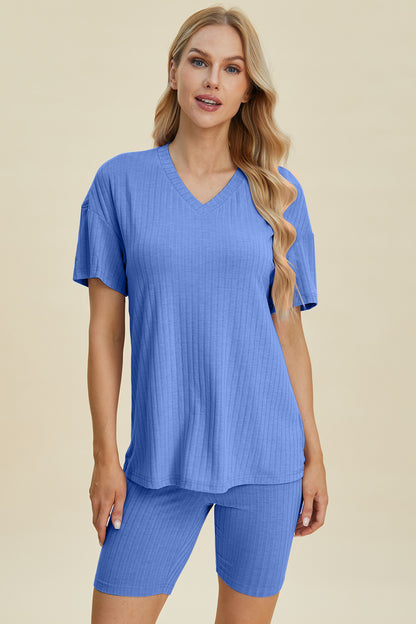 Basic Bae Full Size Ribbed V-Neck Short Sleeve Top and Shorts Set – Uneeque Designzz