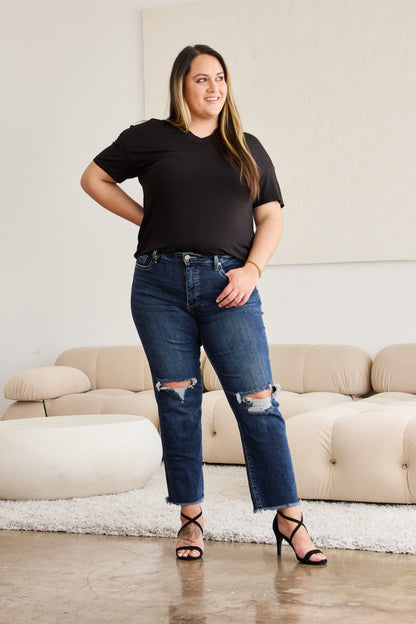 RFM Crop Dylan Full Size Tummy Control Distressed High Waist Raw Hem Jeans – Uneeque Designzz