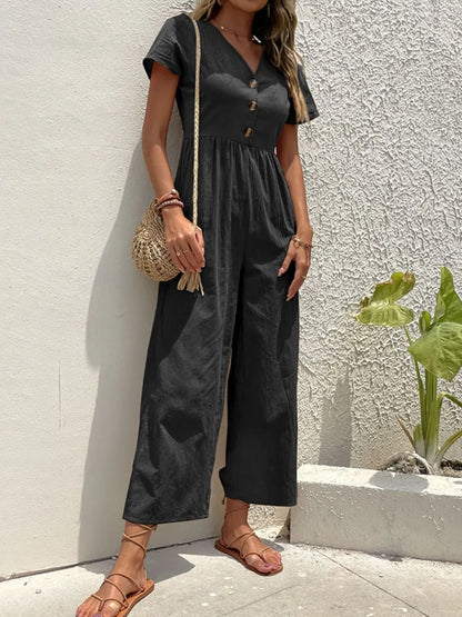 V-Neck Short Sleeve Wide Leg Jumpsuit – Uneeque Designzz
