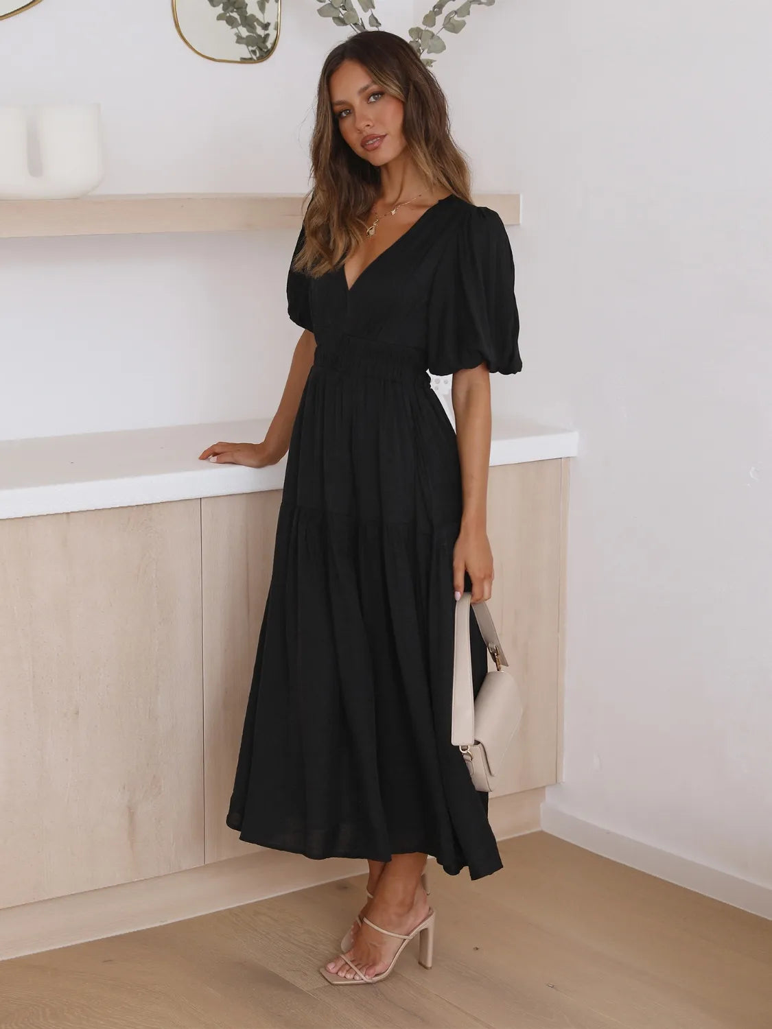 Tiered Surplice Half Sleeve Midi Dress by Trendsi