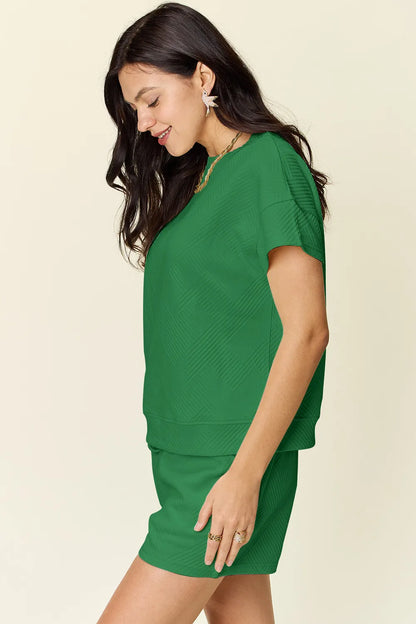 Double Take Full Size Texture Short Sleeve T-Shirt and Drawstring Shorts Set – Uneeque Designzz