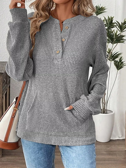 Ribbed Button Detail Long Sleeve T-Shirt – Uneeque Designzz