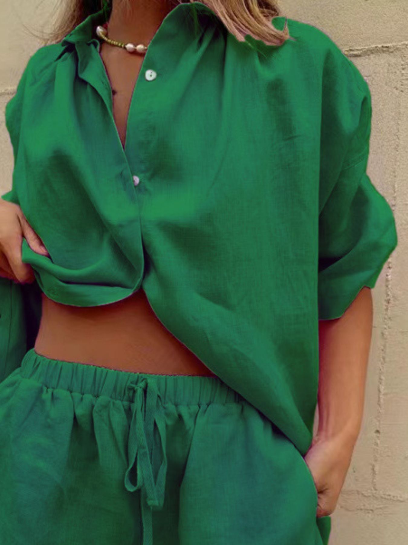 Button Up Shirt and Drawstring Shorts Set by Trendsi