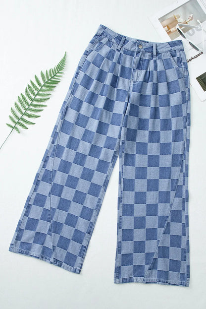 Checkered Wide Leg Jeans with Pockets – Uneeque Designzz