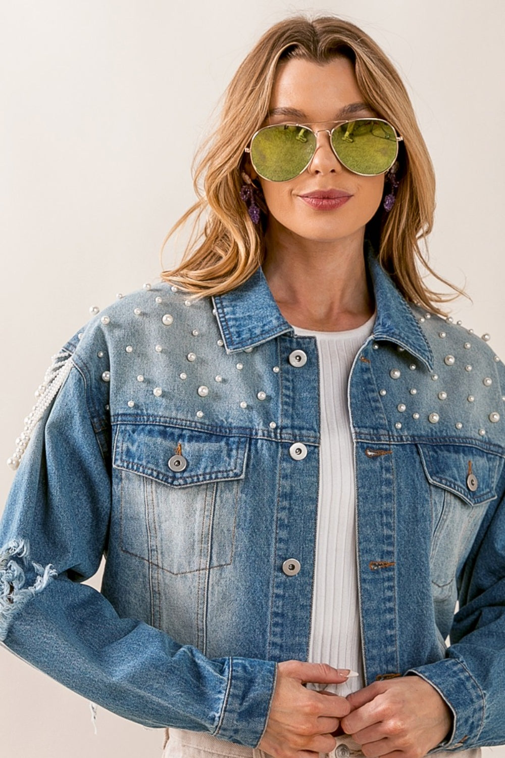 Pearl Detail Cropped Denim Jacket - Chic & Edgy | Uneeque Designzz