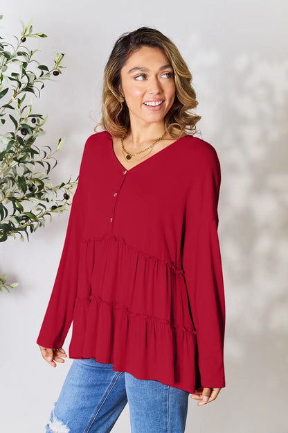 Double Take Half Button Long Sleeve Ruffle Hem Blouse – Uneeque Designzz