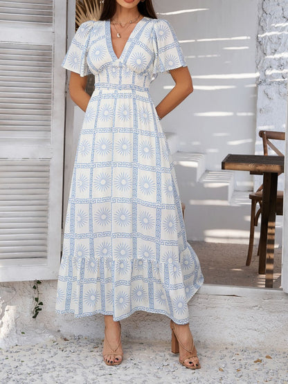 Devine Smocked Printed V-Neck Short Sleeve Maxi Dress – Uneeque Designzz