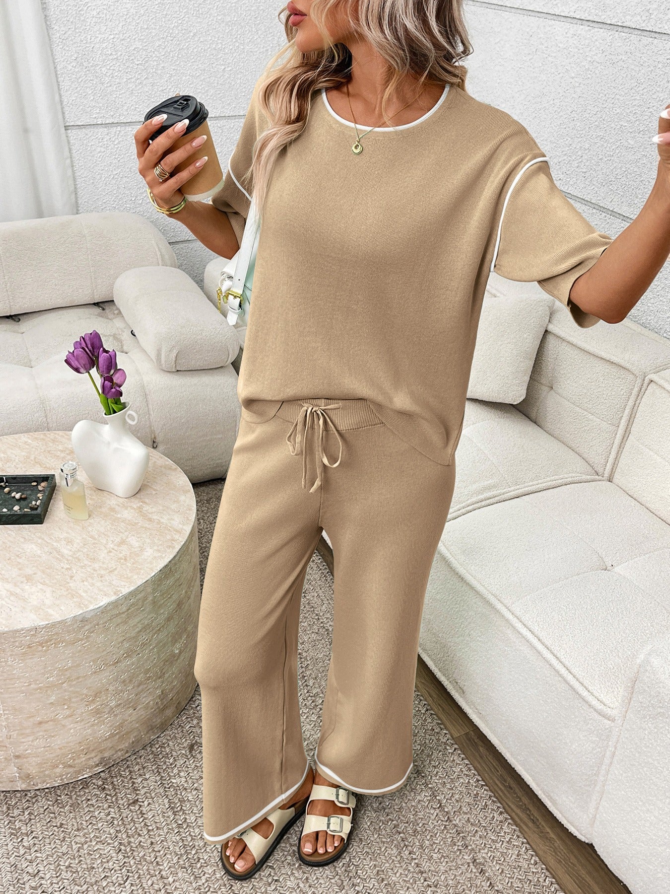 Round Neck Half Sleeve Top and Pants Set by Trendsi
