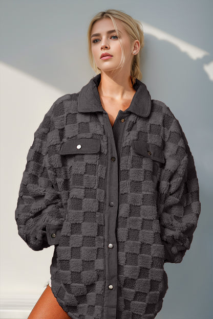 Double Take Button-Up Fuzzy Checkered Shacket – Uneeque Designzz
