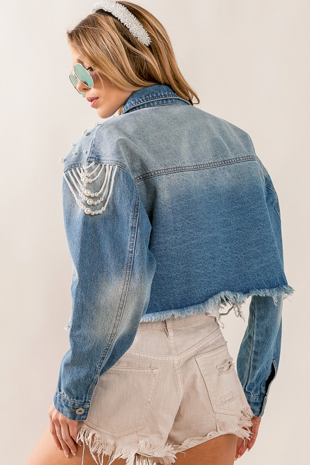 Pearl Detail Cropped Denim Jacket - Chic & Edgy | Uneeque Designzz