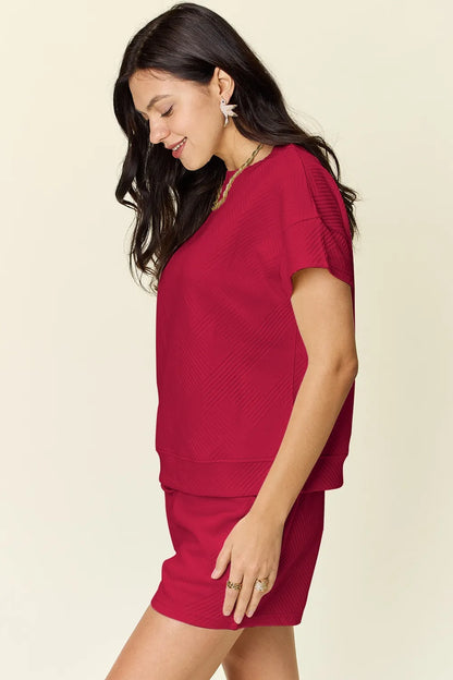 Double Take Full Size Texture Short Sleeve T-Shirt and Drawstring Shorts Set – Uneeque Designzz