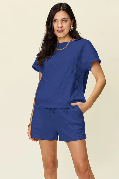 Double Take Full Size Texture Short Sleeve T-Shirt and Drawstring Shorts Set – Uneeque Designzz