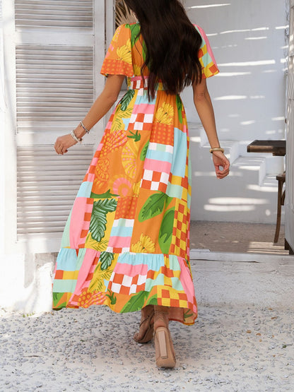 Devine Smocked Printed V-Neck Short Sleeve Maxi Dress – Uneeque Designzz