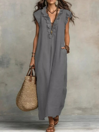 Full Size Ruffled V-Neck Cap Sleeve Maxi Dress Plus Size – Uneeque Designzz
