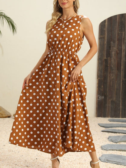 Polka Dot Round Neck Sleeveless Midi Dress – Uneeque Designzz