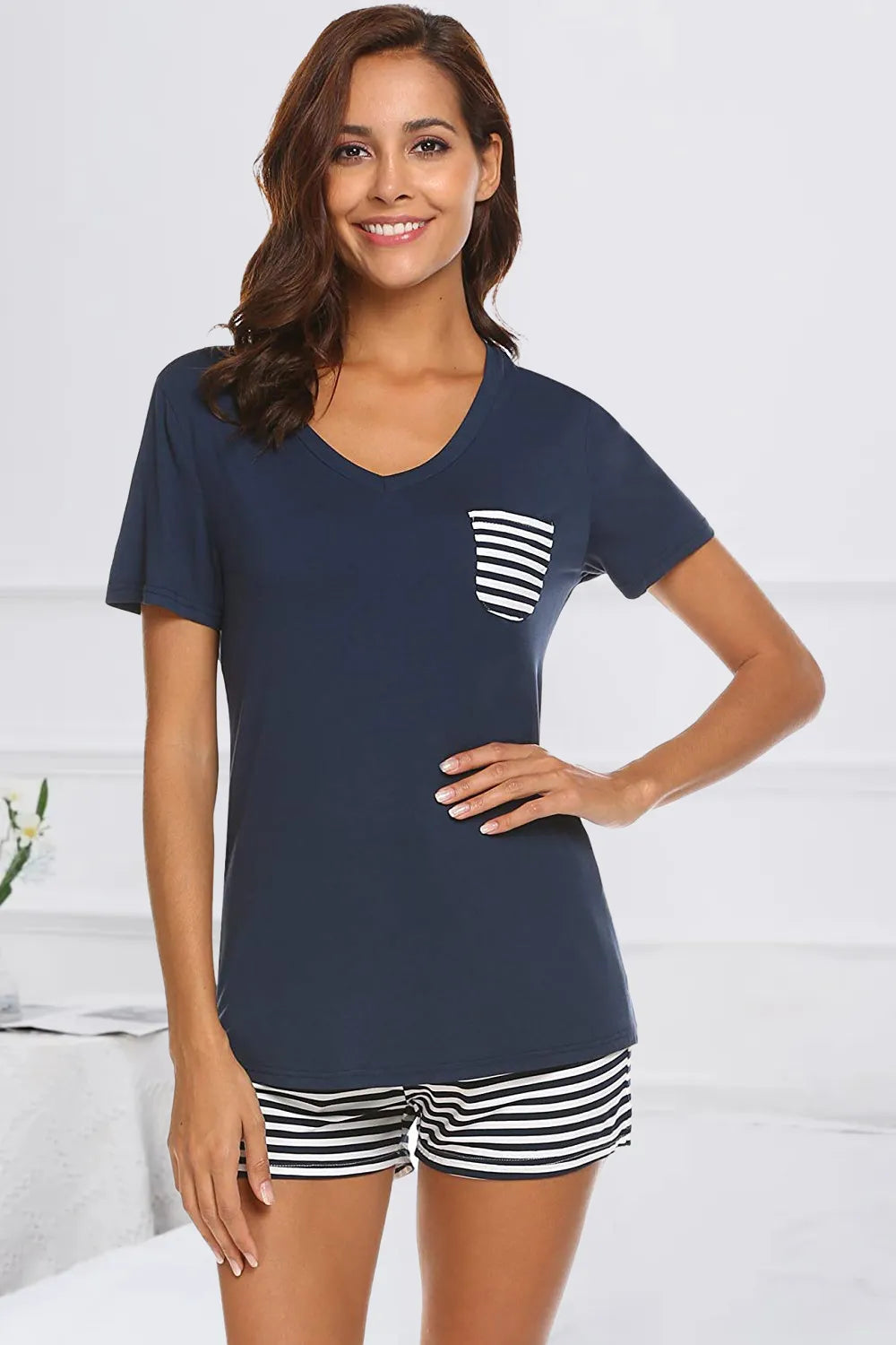 Striped Short Sleeve Top and Shorts Lounge Set by Trendsi