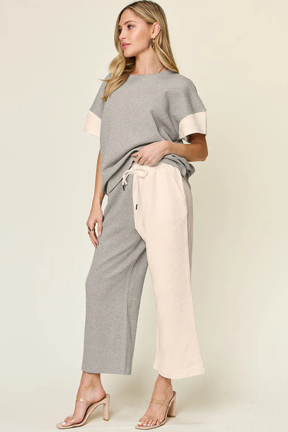 Double Take Full Size Texture Contrast T-Shirt and Wide Leg Pants Set – Uneeque Designzz