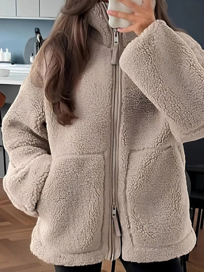 Zip-Up Turtleneck Plush Jacket Long Sleeve Pocketed Top – Uneeque Designzz