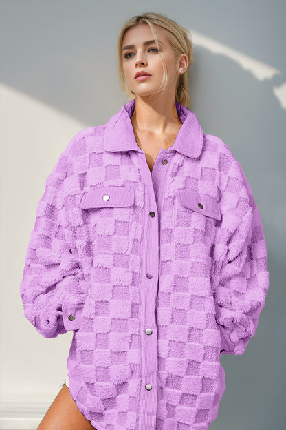 Double Take Button-Up Fuzzy Checkered Shacket – Uneeque Designzz