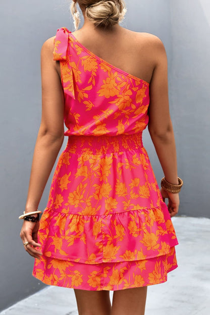 Tied Smocked Printed Single Shoulder Dress – Uneeque Designzz