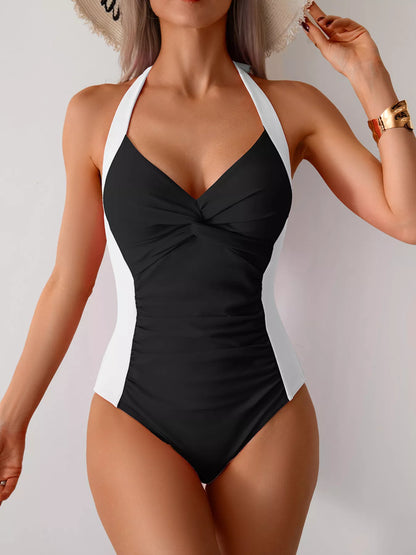 Twisted Front Halter Neck Ruched One-Piece Swimsuit – Uneeque Designzz