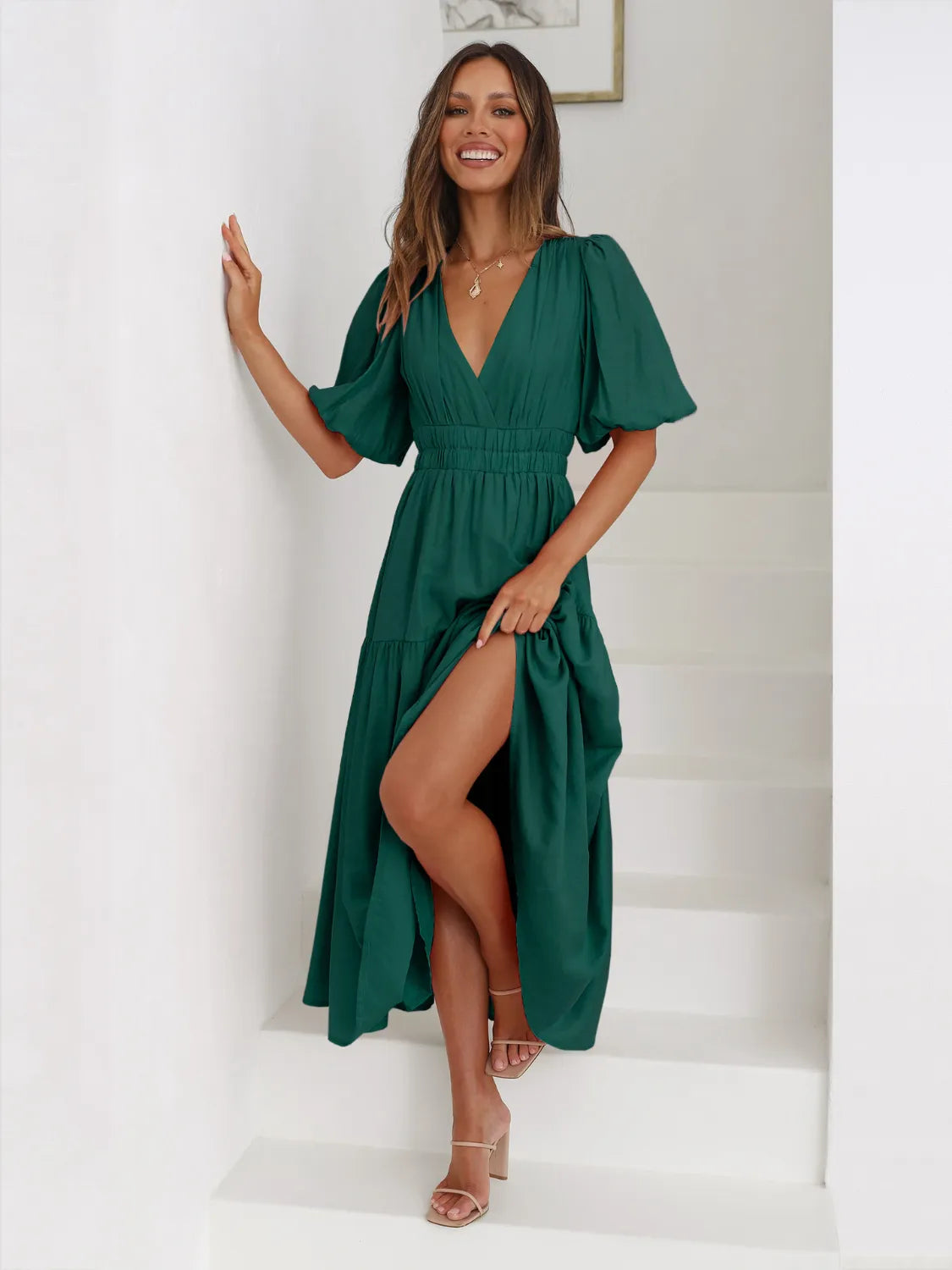 Tiered Surplice Half Sleeve Midi Dress by Trendsi
