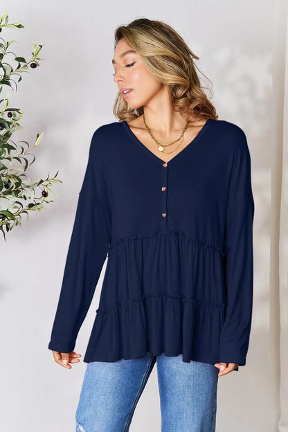 Double Take Half Button Long Sleeve Ruffle Hem Blouse – Uneeque Designzz