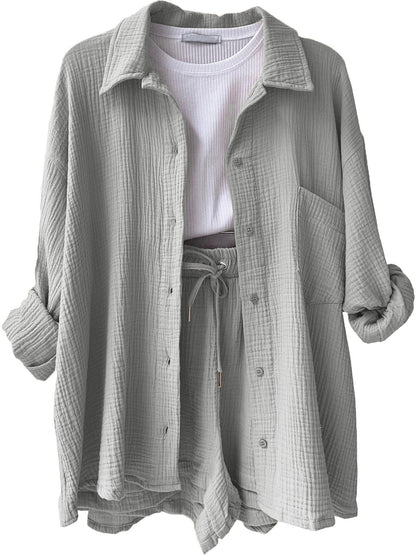 Texture Button-Up Shirt and Drawstring Shorts Set – Uneeque Designzz