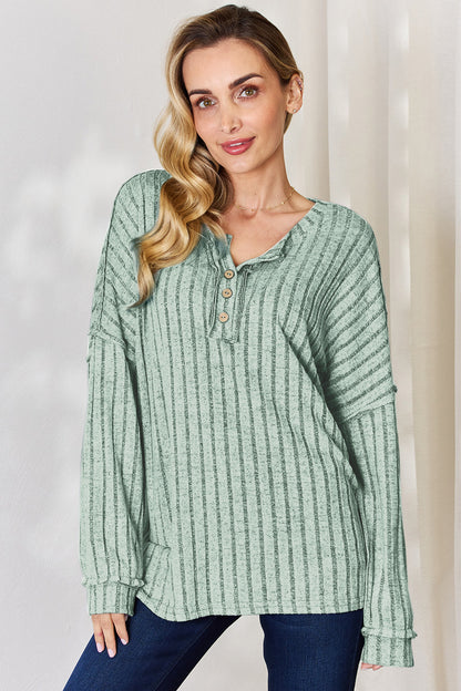 Basic Bae Full Size Ribbed Half Button Long Sleeve T-Shirt – Uneeque Designzz
