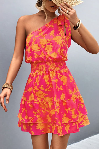 Tied Smocked Printed Single Shoulder Dress – Uneeque Designzz
