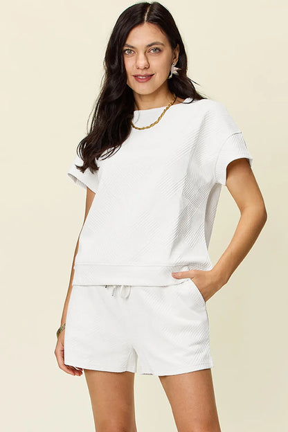 Double Take Full Size Texture Short Sleeve T-Shirt and Drawstring Shorts Set – Uneeque Designzz