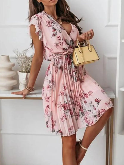 Floral Surplice Ruffled Cap Sleeve Dress – Uneeque Designzz