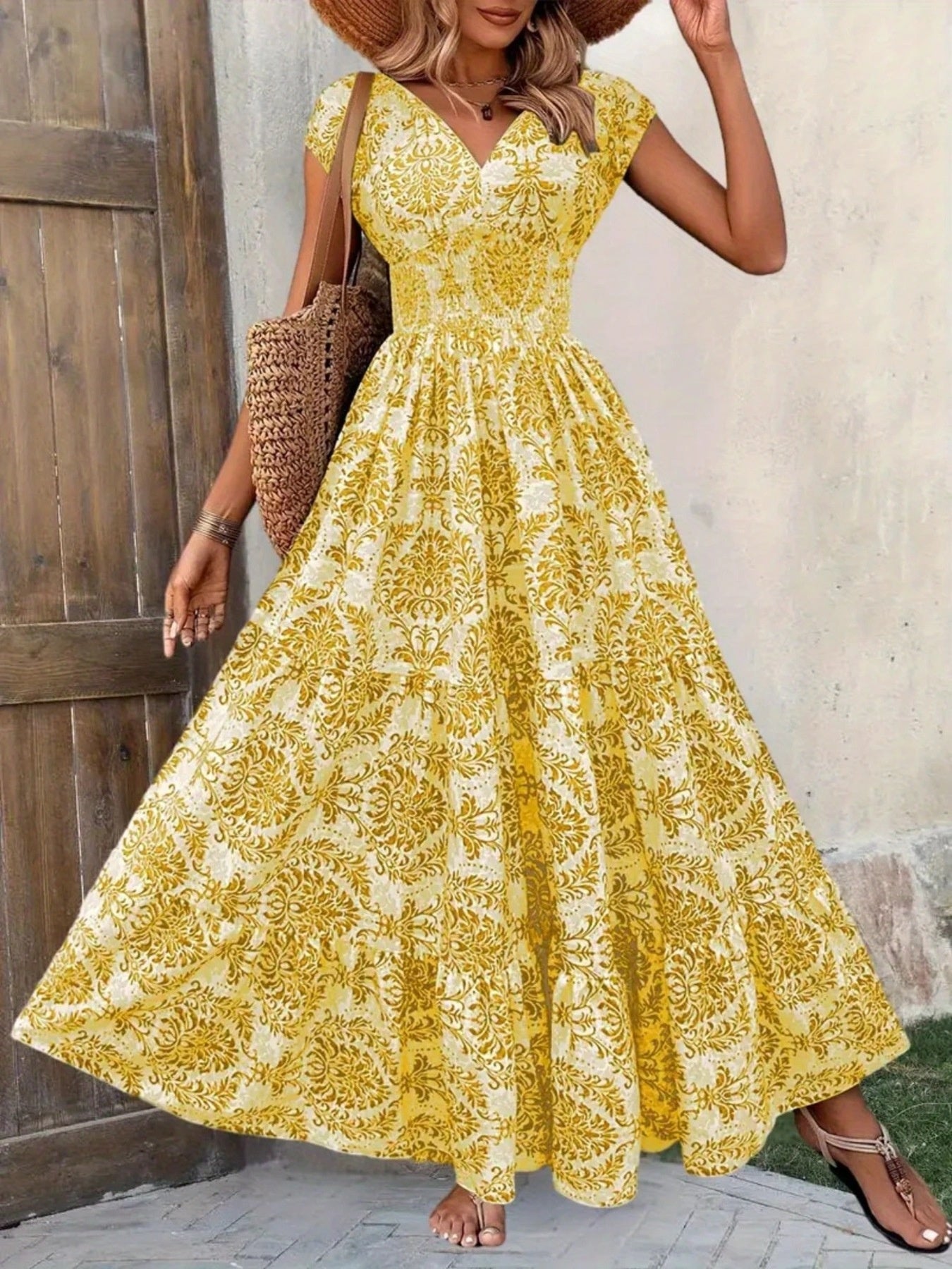 Printed Cap Sleeve Maxi Dress by Trendsi